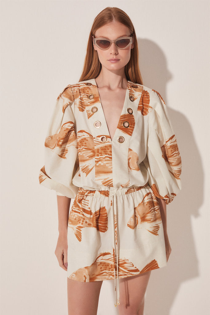 Caramel Fish Wide Sleeve Short Dress E4578A1698