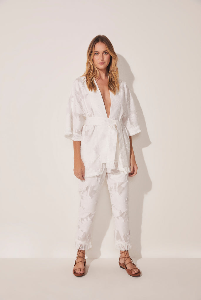 Jacquard Coconut Tree Short Kimono Cape With Fringes E4628A1710