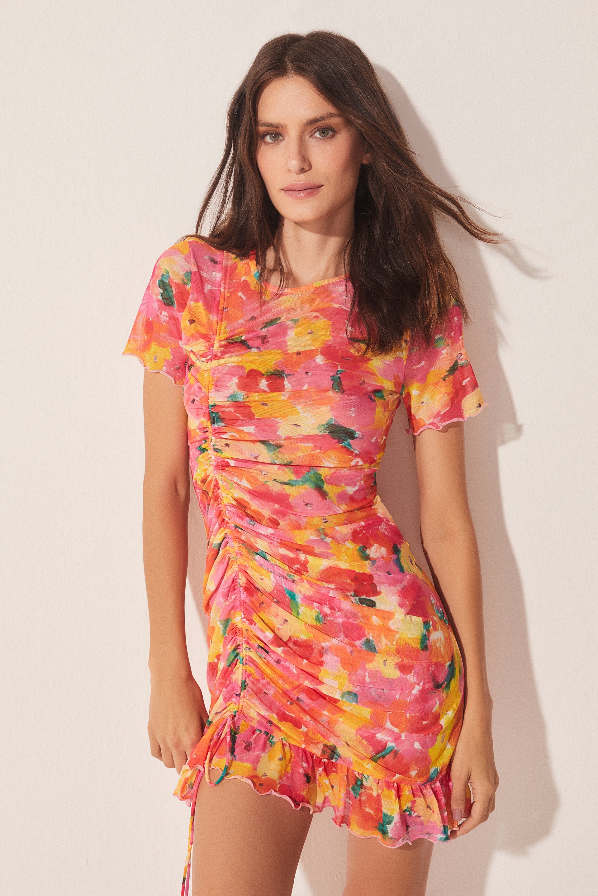 Brushed Floral Ruched Short Dress With Ties E4653A1670 - Product item main image