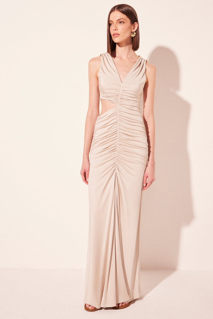 beige positano ruched long dress e6325a2756