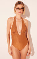 brown nugget detailed halterneck one piece m1266a2652